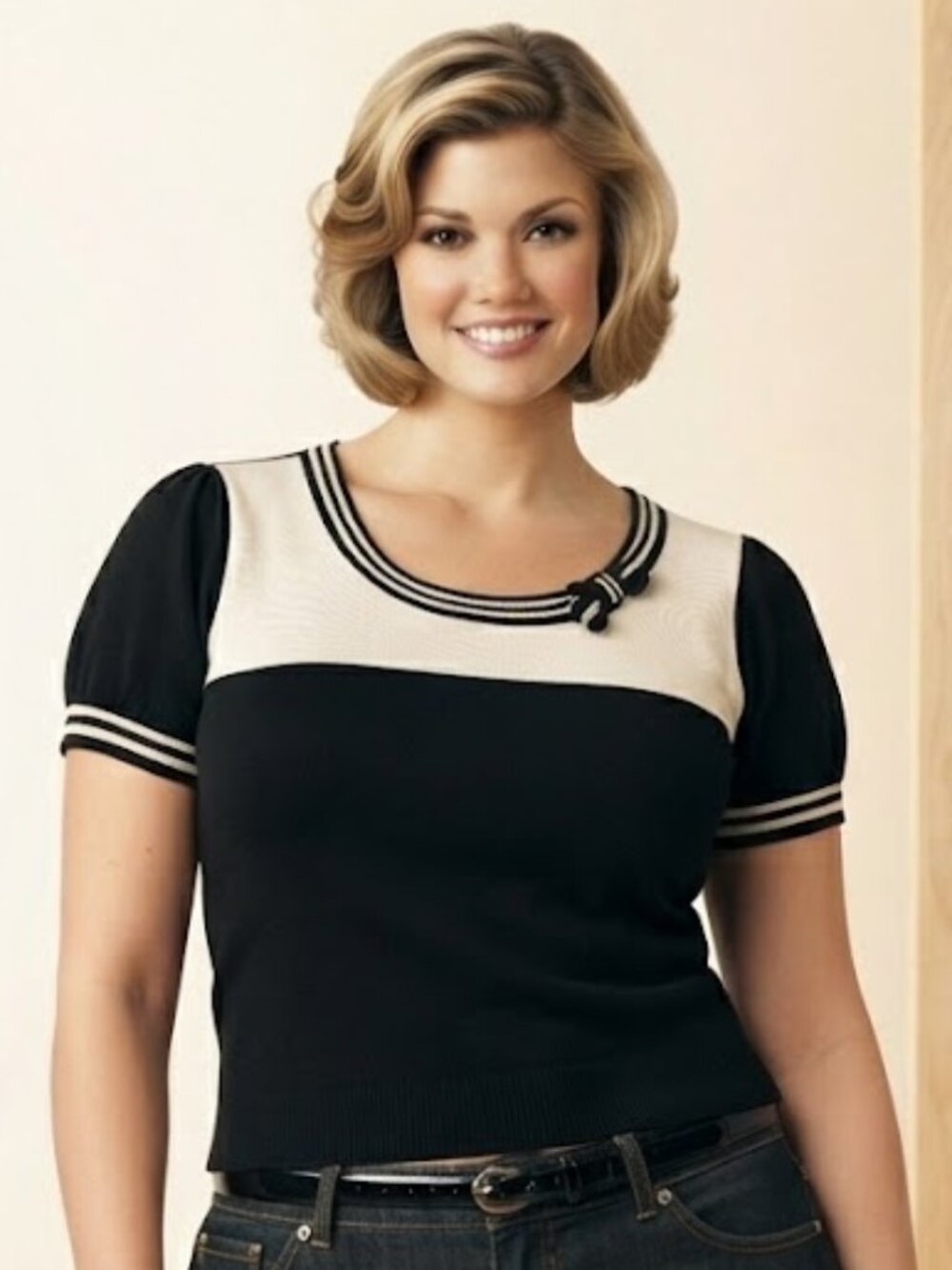 ELLE Black White Striped Trim Knit Short Sleeve Top Bow Accent Size Large